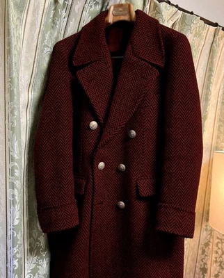 Herringbone Wool Blend Tweed Men Overcoat Long Coats Double Breasted Notch Lapel - Image 1 of 4