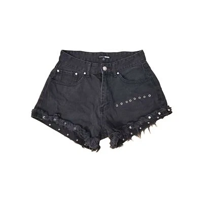 Moda Nova Pantalones Cortos de Jean Negros Talla Mediana Crudo Puño Dobladillo Diamante Tachuelas Bolsillos Foto 1 de 4