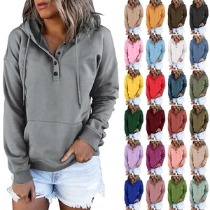 Women's Casual Solid Color Printed Shirt Long Sleeve Pullover Hoodie Sweatshirts - Picture 1 of 35