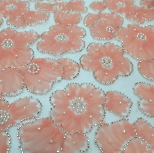 Coral Wedding Lace Fabric By The Yard Beaded White Bridal Lace Floral 3D Tulle