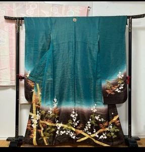 Kimono Japonés FURISISODE.Seda Pura.Bordado.Verde Azul Negro166cm.Juban2set. - Imagen 1 de 11