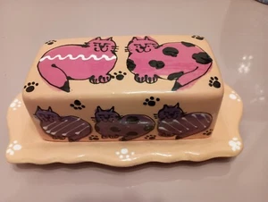 Colorful 2 Piece Cat Butter Dish, pre-owned - Picture 1 of 9