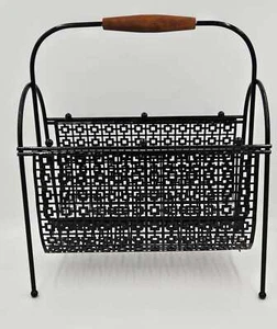 Fabulous 1950s Mod Patterned Black Steel Double Magazine LP Record Holder - Picture 1 of 6