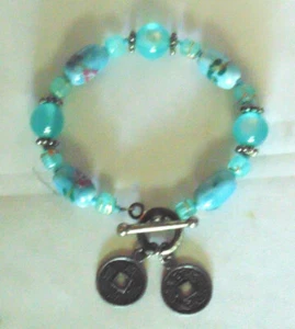 Chinese Symbol Charm Bracelet Blue Bead Circle Square Jewelry Casual Mother Gift - Picture 1 of 4