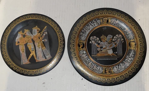 2 vintage metal wall hanging hand made Egyptian  engraved brass copper plate Cover