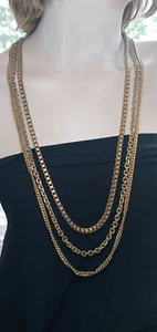 VINTAGE MIRIAM HASKELL GOLDTONE, 3 STRAND, BOX, CURB, ROLO LINKS NECKLACE 28" - Picture 1 of 4