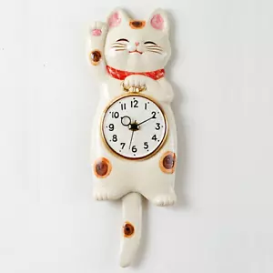 Orologio da parete a pendolo giapponese bianco gatto fortunato Manekineko regalo ceramica - Foto 1 di 21