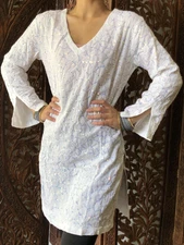 Boho Gypsy Hippy White Sequin Embroidered Cotton Summer Comfy Blouse Kurti XS