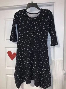 So Girls Black Dress Size 14. Asymmetrical hemline. Pink daisies. 3/4 Sleeves. - Picture 1 of 5