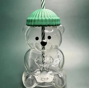 New Bear Straw Cup,Cute Bear Glass Mug with Lid and Straw,Bears Glass Bottle Mug - Picture 1 of 12