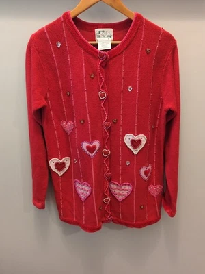 The Quacker Factory Valentines Cardigan SMALL Hearts Sweater Vtg Red Cottagecore - Image 1 of 4