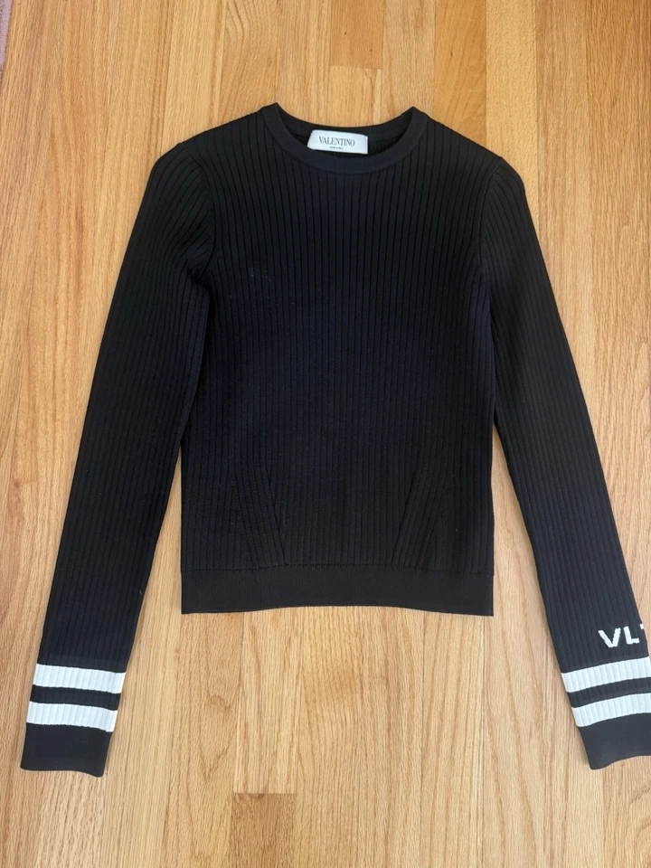 VALENTINO Top Acanalado Negro Manga Negro/Blanco Rayas Logo Talla SM Foto 1 de 4