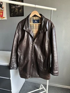BURBERRY Brown Leather Gangster Coat Jacket Nova Check - Picture 1 of 20