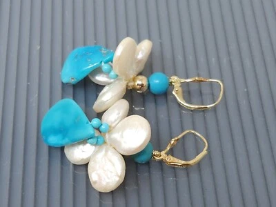 Pendientes colgantes de perlas de agua dulce turquesa Israel oro 14K vintage Foto 1 de 4