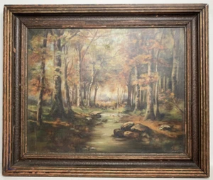 Vintage Original Oil Painting Fall Landscape Forest Trees Stream -Signed 1948 - Picture 1 of 23