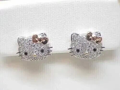 1 Ct Round Cut Real Moissanite Hello Kitty Stud Earring 14k White Gold Plated