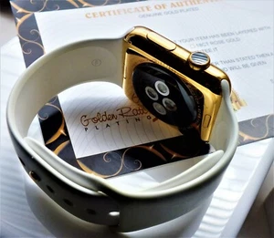 Apple Watch 42mm White Rubber Sports Band 24ct Gold Plated Stainless Steel - Picture 1 of 6