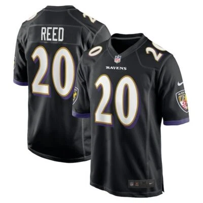 Camiseta deportiva oficial de los Baltimore Ravens Ed Reed #20 Nike negra del juego del jugador retirado de la NFL Foto 1 de 3