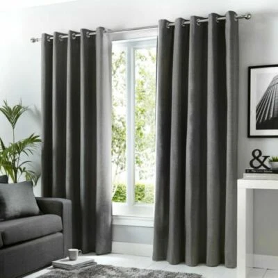 SORBONNE Plain Dyed 100% Cotton Lined Ready Made Eyelet Curtains-Pair (66"x90") - Image 1 of 3