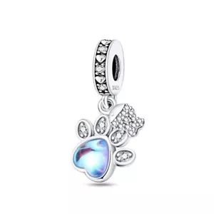 Cute Paw Print Dangle Charm For European Bracelets S925 Sterling Silver - Picture 1 of 1