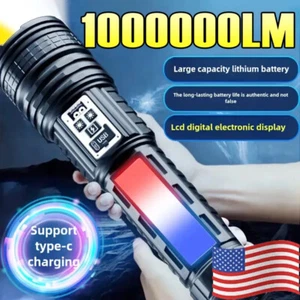 LED Flashlight 2000000LM Type-C Rechargeable Zoom Torch Outdoor Emergency Light - Picture 1 of 16