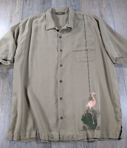Tommy Bahama Hemd Herren XL braun 100% Seide Knopfleiste Flamingo bestickt Strand - Bild 1 von 10