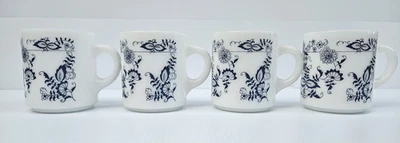 Glasbake Blue Onion Floral Milk Glass Stackable Mug Cup 3.5" - Set of 4 D Handle - Image 1 of 4