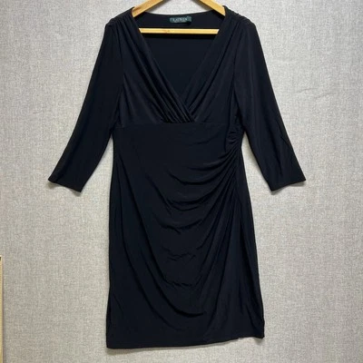 Lauren Ralph Lauren Dress Surplice Neckline Rouching Size 14 Dress Faux Wrap - Image 1 of 4