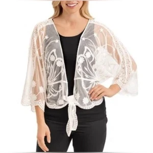 Cardigan Ember nuovo con etichette ricamato pizzo aperto davanti cravatta vita, giacca, taglia small - Foto 1 di 9