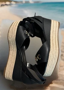 NEW Michael Kors Black Women’s ECO Platform Gold Logo Wedges Sandals, Sz.9M - Picture 1 of 15