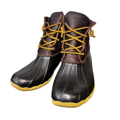 Botas de pato Sperry para mujer de cuero marrón suela de goma amarilla con cordones talla 9 Foto 1 de 4