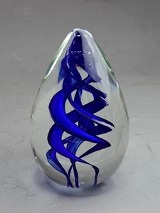 Vtg Blue Ribbon Swirl Art Glass Oblong Paperweight - Picture 1 of 11