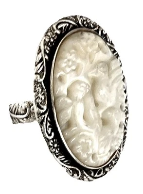 AMY KAHN RUSSELL Sterling Silver CARVED MOTHER of PEARL Fancy Band Ring~Size 10 - Image 1 of 4