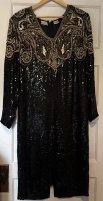 VTG Judith Ann 70s Silk Sequins Beaded Dress SZ Lg Gala Black Tie Old Money - Image 1 of 4
