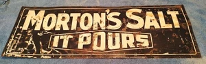 Antica insegna pubblicitaria in latta Morton's Salt double face 28"x10" - Foto 1 di 7