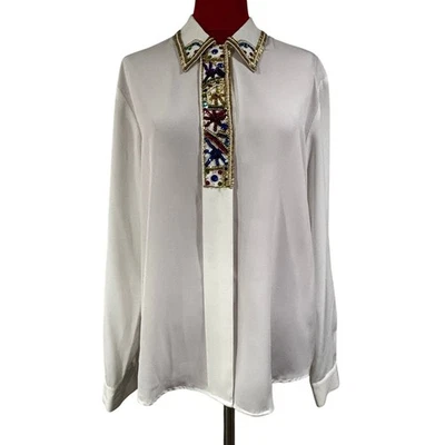 Vintage Russ silky white blouse bejeweled multicolor sequins dressy party Sz 14 - Image 1 of 4