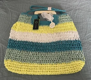 New Spring C. Wonder Lexi Striped Straw Summer Tote Handle w/Rope Strap - Aqua - Picture 1 of 13