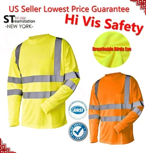 Hi Vis Long Sleeve Work TShirt Reflective Class 3 Long Sleeve Safety Work Shirt - Picture 1 of 10