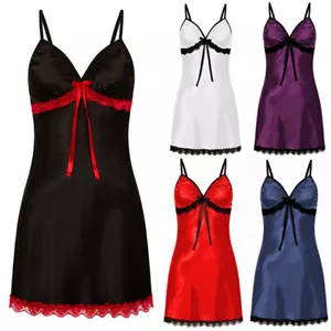 Sexy Lingerie Women Deep V-Neck Lace Dress Babydoll Nightdress Nightgown Solid § - Picture 1 of 15