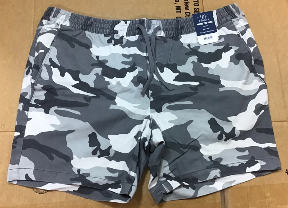 Men’s GEORGE Above The Knee Gray Camo Elastic Waist Cargo Shorts Size 44-46