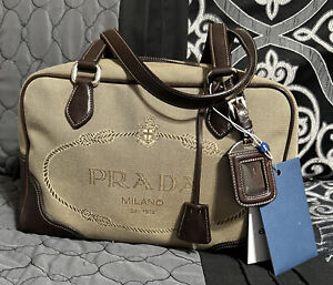 Prada Brown Jacquard Logo Leather Trim Boston Bag Authenticated Already By eBay