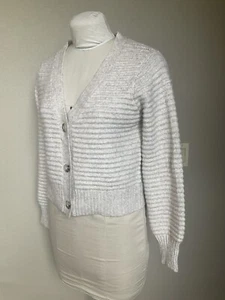 Cárdigan de pescador Happily gris recortado manga larga para mujer mezcla de poliéster M - Imagen 1 de 7