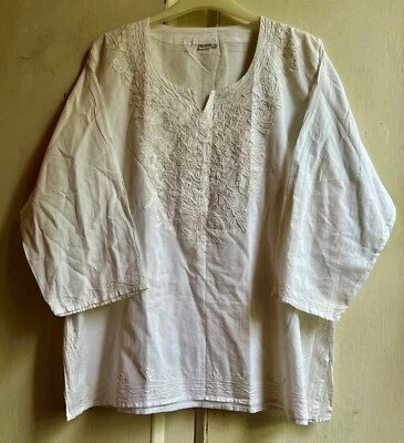 Cotton Tunic M/L White Floral Embroidered Cotton Kaftan Side Slits - Image 1 of 4