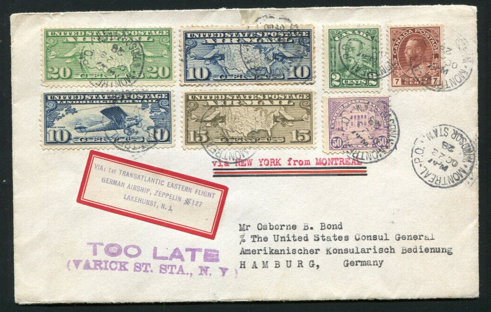 Zeppelin 1928 LZ 127 Sieger22Cvar America Flight CANADA/US Post TOO LATE MARKING - Image 1 of 1