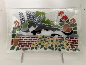 EUC Peggy Karr Fused Glass Art Tray Cat Flowers Garden Wall Geranium - Picture 1 of 2