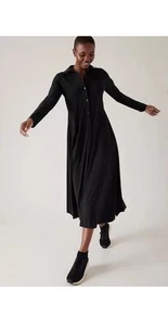 ATHLETA Cosmic Layer Button Dress M Black Long Sleeve Button NWT Midi Maxi - Picture 1 of 7