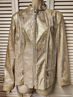 Chico's 2 LG Damas Imitación Piel de Serpiente Cremallera MotoJacket Beige/Dorado Metálico Usado en Excelente Condición Foto 1 de 4
