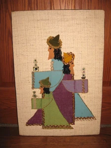 WALL HANGING 3 WISE MEN, MCM FABRIC COLLAGE, HAND MADE FOLK ART 24" X 16", VTG - Picture 1 of 11
