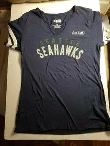 Seattle Seahawks~ Short Sleeve T-Shirt Top Blue Scoop V-Neck Ladies Womens NWT M - Picture 1 of 7