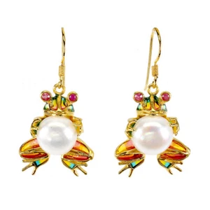 925 Sterling Silver Earrings Round Pearl 10mm Ruby Frog Enamel Gemstone Jewelry - Picture 1 of 11